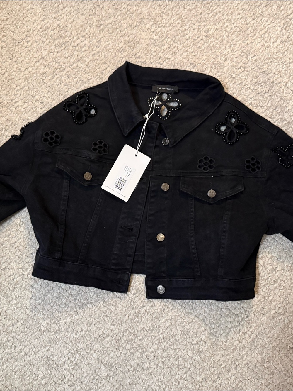 Women's Black Cropped Eyelet Denim Jacket - Picture 2 of 4